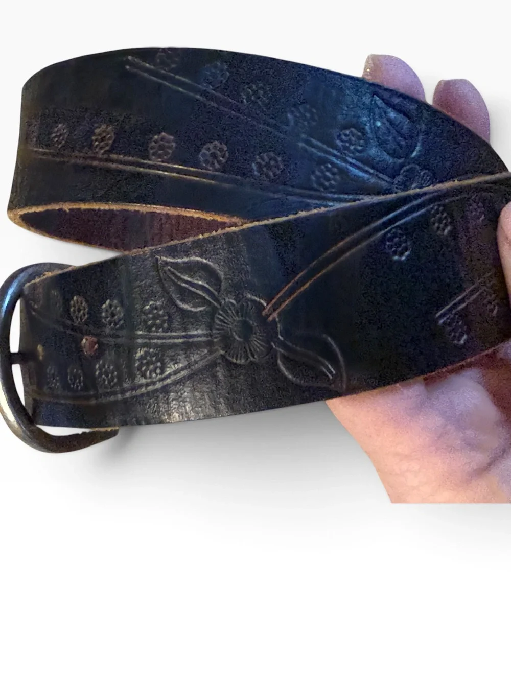 Vintage Black Leather Hand tooled Floral Vine Belt 32” with Silver Buckle